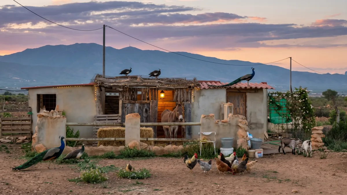 Animales de granja en Casa Rural de la Cuesta: burro, pavos reales, gallinas y cabras al atardecer